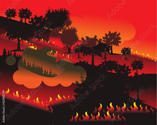 wildfire pollution. vector illustration  background landscape silhouette