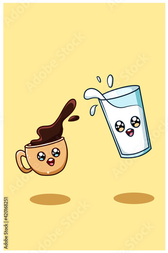A cute and happy coffee and milk cartoon illustration