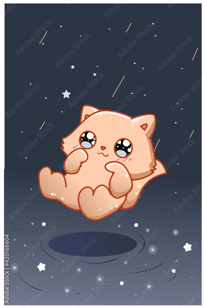 Fototapeta premium Cute and happy cat in night sky cartoon illustration