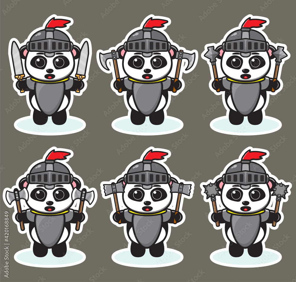 Vector illustration of cute Panda Knight cartoon with dual weapon. Cute Panda expression character design bundle. Good for icon, logo, label, sticker, clipart. Vector illustration of cute Panda Knight cartoon with dual weapon. Cute Panda expression character design bundle. Good for icon, logo, label, sticker, clipart.