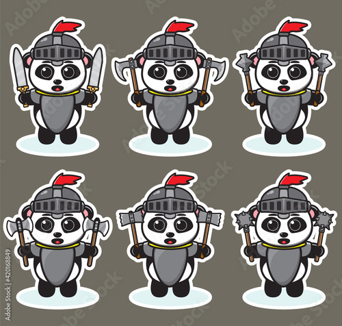 Vector illustration of cute Panda Knight cartoon with dual weapon. Cute Panda expression character design bundle. Good for icon  logo  label  sticker  clipart.