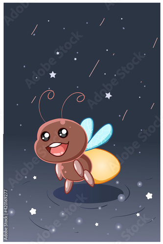 Cute and happy firefly in the night sky cartoon illustration