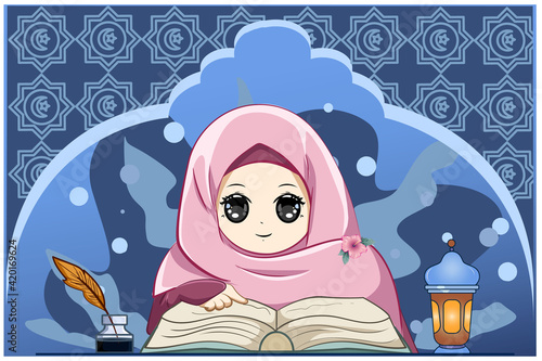 Little muslim girl reading a book at ramadan kareem cartoon illustration
