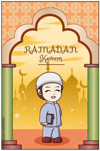 Little boy carrying book at ramadan kareem cartoon illustration