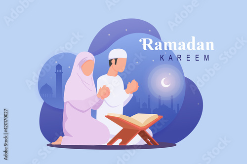 Ramadan background with couple moslem praying illustration can use for web landing page, App design element, banner, poster, print and social media