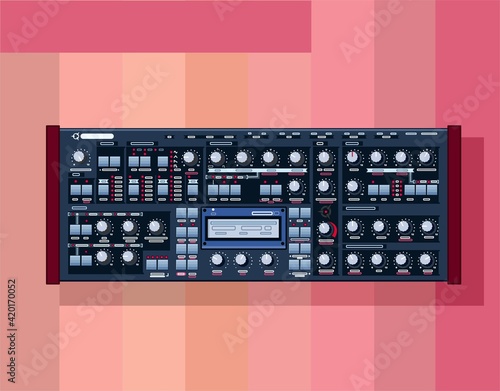 Legendary synthesizers in vector. Groove box, drum machine and synthesizer. Synthesizer analog sound. Synthesizers for applying to a t-shirt. Materials for DJ posters. For drawing the image on the bag