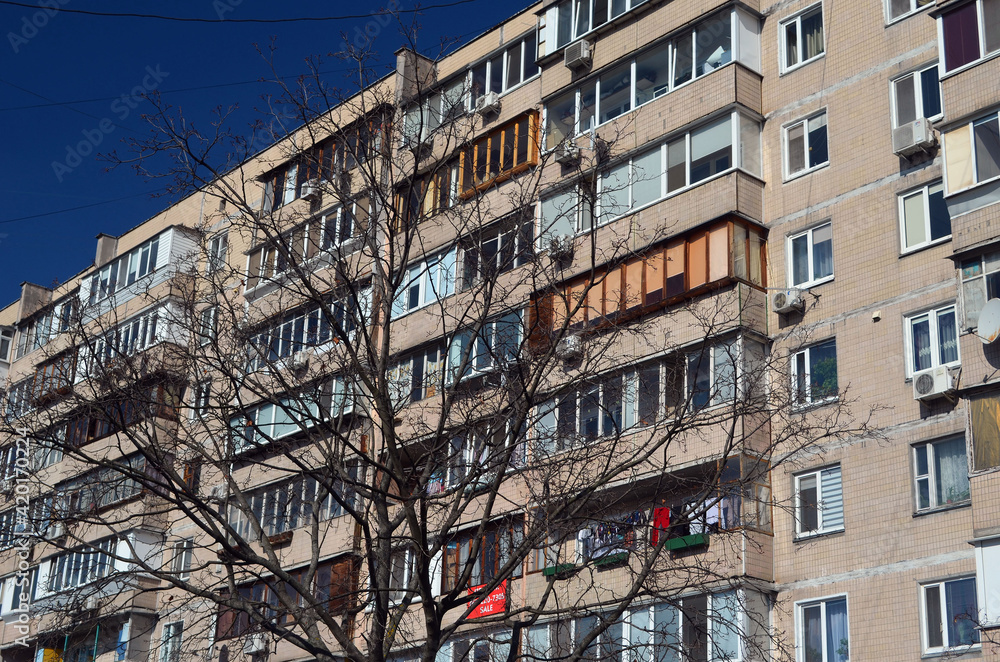 Modern residential area in Kiev. Exterior.Streets,buildings,detales.