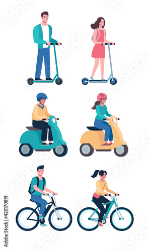 people ride modern electric scooters, bicycles, mopeds. Eco friendly alternative vehicles set. Vector in flat style, boys and girls.