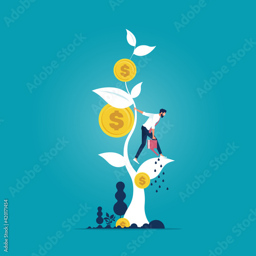 Financial growth concept. Growing money tree, Businessman watering the money tree for the business and financial growth, business investment profit, Revenue and income metaphor