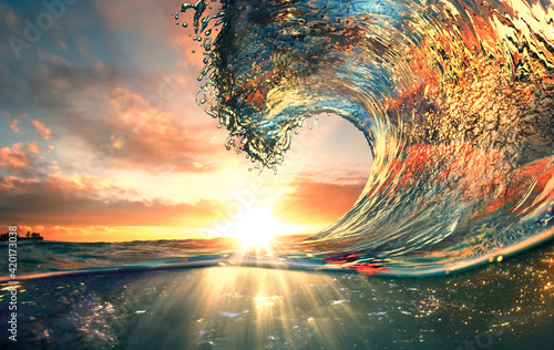 Fototapeta Naklejka Na Ścianę i Meble -  Ocean Wave sunset sea surfing background