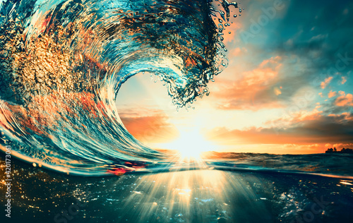 Fototapeta Naklejka Na Ścianę i Meble -  Ocean Wave sunset sea surfing background