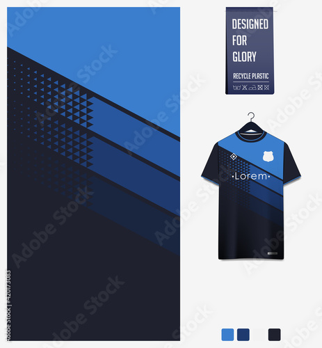 Soccer jersey pattern design. Geometric pattern on blue abstract background for soccer kit, football kit or sports uniform. T-shirt mockup template. Fabric pattern. Sport background. 