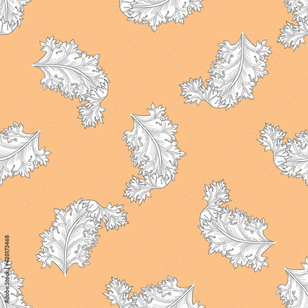 Acanthus leaf seamless pattern design on peach color background, vector Acanthus leaf seamless pattern design on peach color background, vector
