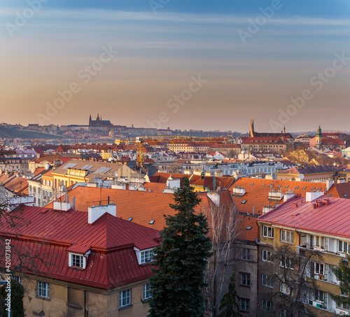 panoramic view of the city of Prague and the sights of Prague Castle and the Church of St. Vitus at sunset, 2021