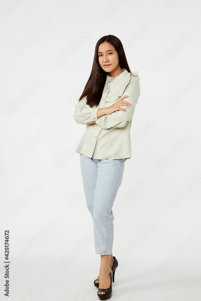 Fashion model wearing jeans shirt with emotions Fashion model wearing jeans shirt with emotions