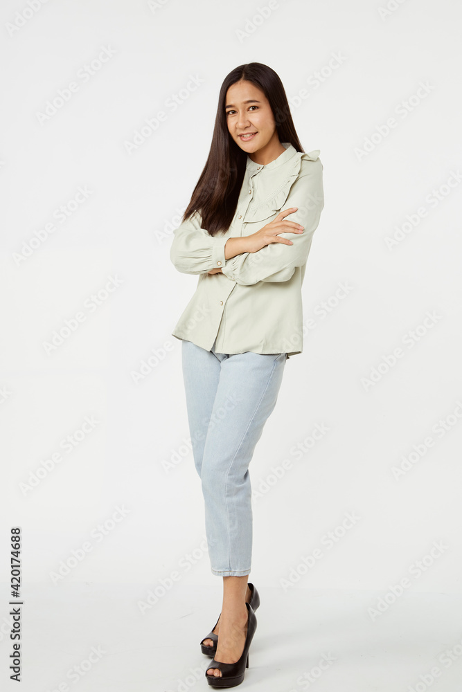 Fashion model wearing jeans shirt with emotions Fashion model wearing jeans shirt with emotions