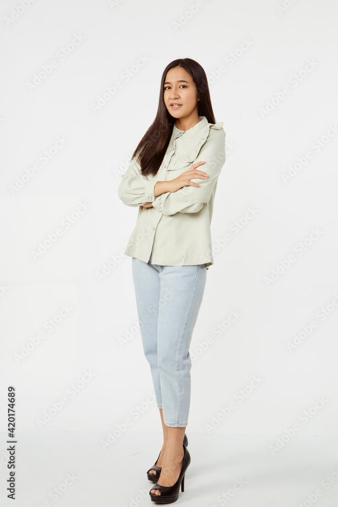 Fashion model wearing jeans shirt with emotions Fashion model wearing jeans shirt with emotions