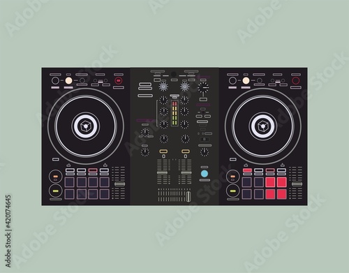 DJ controller in detail. Background for DJ posters. Musical computer equipment. Icon for online store. DJ- image for printing on a t-shirt. Image for application on a smartphone case. Nightlife theme.
