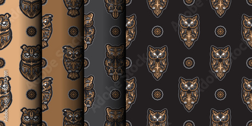 Owls seamless pattern in boho style. Good covers, fabrics, postcards and printing. Vector