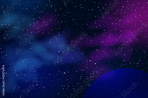 Horizontal space background with realistic nebula, stardust and planets. Night sky. Web design. Infinite universe. Vector illustration of galaxy. Concept of web banner.