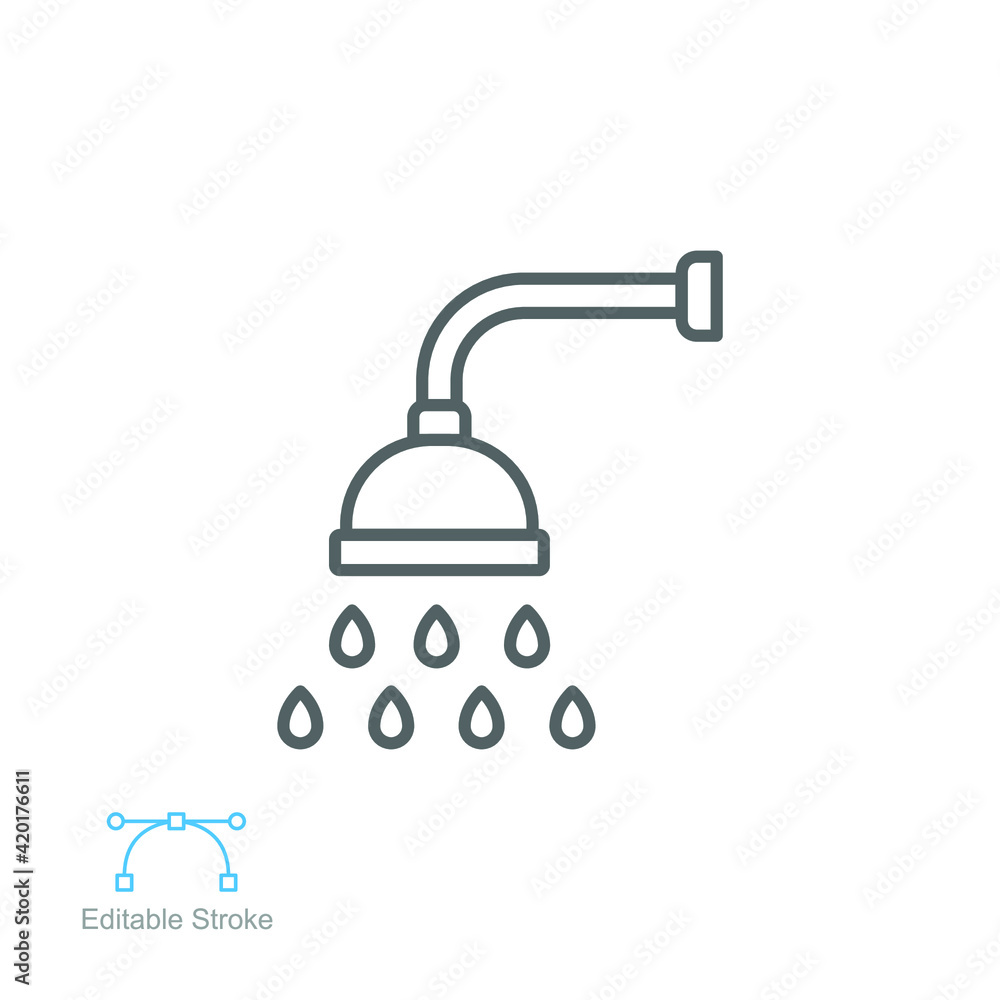 Shower icon. Showerheads simple with water drops, shower head, Bathroom, Bath time sign for your web site and mobile apps. Editable stroke. line Vector illustration design on white background. EPS 10 Shower icon. Showerheads simple with water drops, shower head, Bathroom, Bath time sign for your web site and mobile apps. Editable stroke. line Vector illustration design on white background. EPS 10