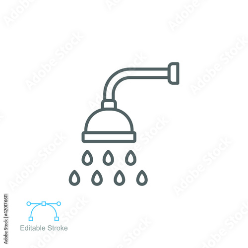Shower icon. Showerheads simple with water drops, shower head, Bathroom, Bath time sign for your web site and mobile apps. Editable stroke. line Vector illustration design on white background. EPS 10