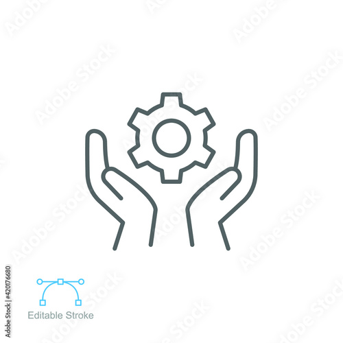 Skill ability icon. Skilled employee. Gear and hand symbol of talents abilities. Leadership capability, competency outline style. Editable stroke Vector illustration design on white background. EPS 10