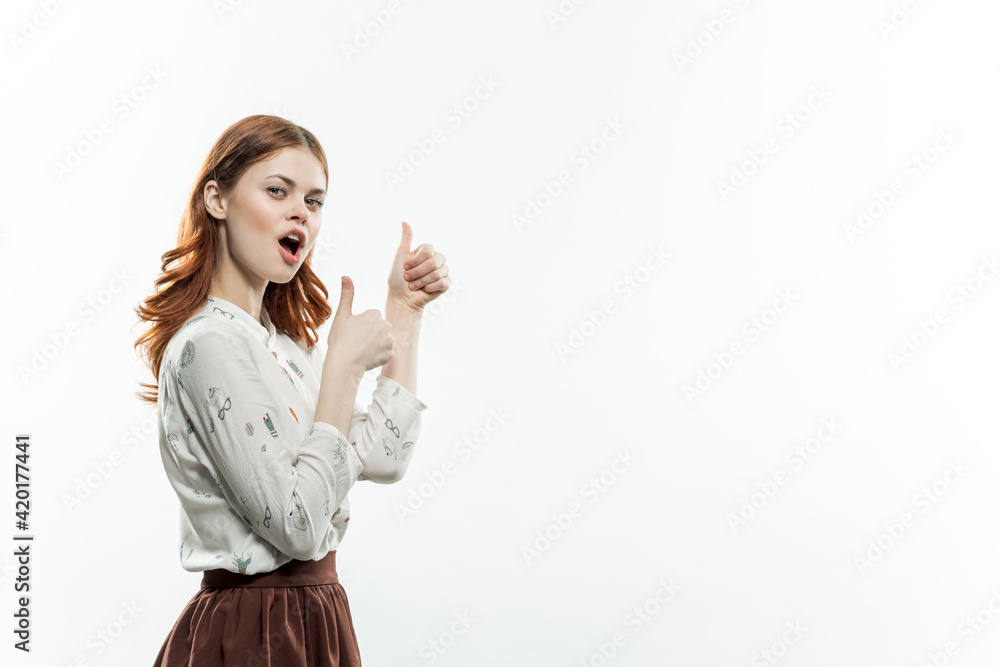 woman with red hands positive gesture emotions studio woman with red hands positive gesture emotions studio
