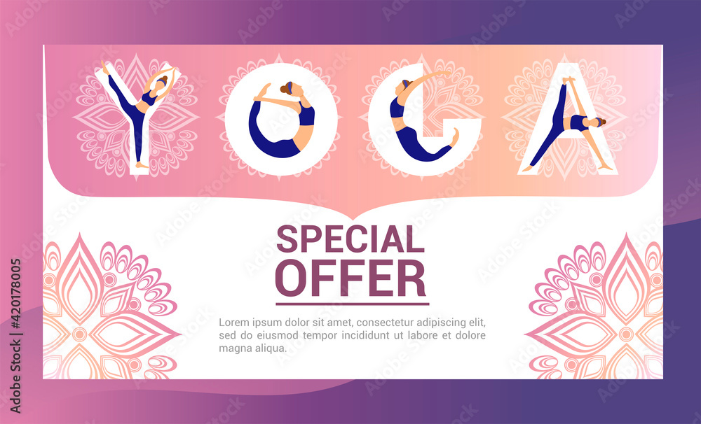 Yoga class banner. The Inscription Yoga. Healthy lifestyle for beautiful girls. The women in different positions in the shape of letters. Vector illustration.