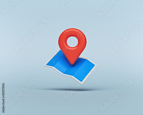 Folded map and location pin isolated. minimal Navigation icon. 3d rendering