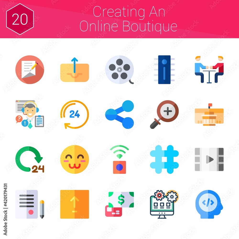 creating an online boutique icon set. 20 flat icons on theme creating an online boutique. collection of development, controller, zoom in, movie, upload, satisfied, wireless internet creating an online boutique icon set. 20 flat icons on theme creating an online boutique. collection of development, controller, zoom in, movie, upload, satisfied, wireless internet