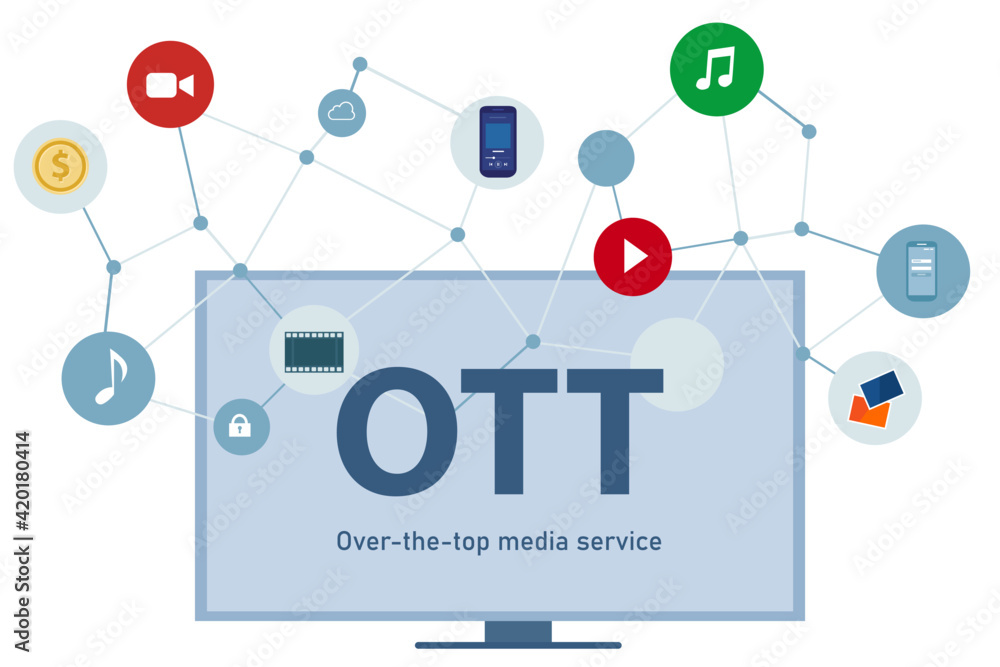 OTT over the top media distribution movie and music using television big  screen phone laptop vector de Stock | Adobe Stock