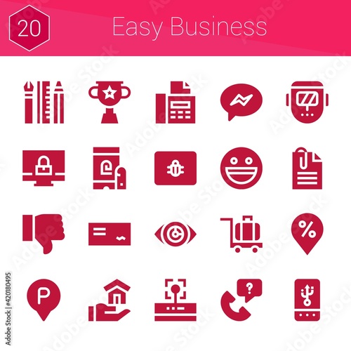 easy business icon set. 20 filled icons on theme easy business. collection of Placeholder  Call  Trophy  Paperclip  Fingerprint  Welder  Parking  Luggage  House  Messenger