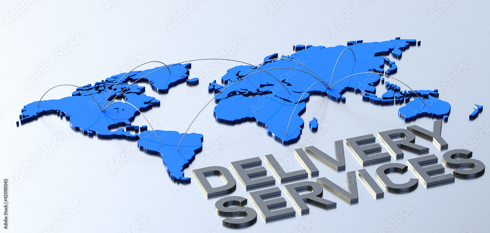Metallic word delivery services with blue connecting world map. 3d illustration.