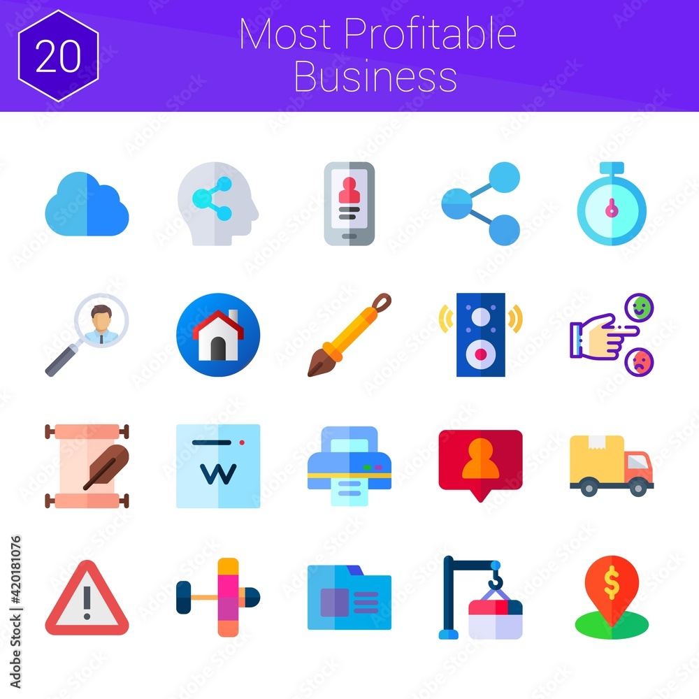 most profitable business icon set. 20 flat icons on theme most profitable business. collection of follower, social, printer, sign, mobile, rating, aeroplane, delivery truck, house most profitable business icon set. 20 flat icons on theme most profitable business. collection of follower, social, printer, sign, mobile, rating, aeroplane, delivery truck, house