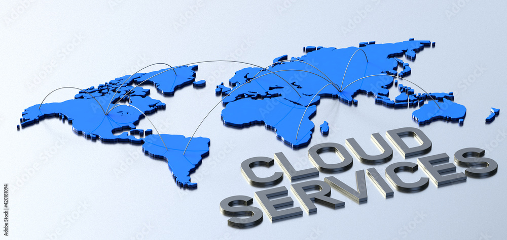 Obraz premium Metallic word cloud services with blue connecting world map. 3d illustration.