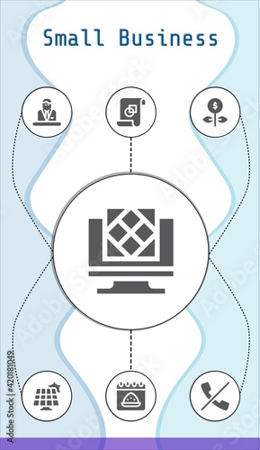 small business editable infographic template with icons of Graphic design, Commentator, Growth, Calendar, Solar panel, Artificial intelligence, No calls