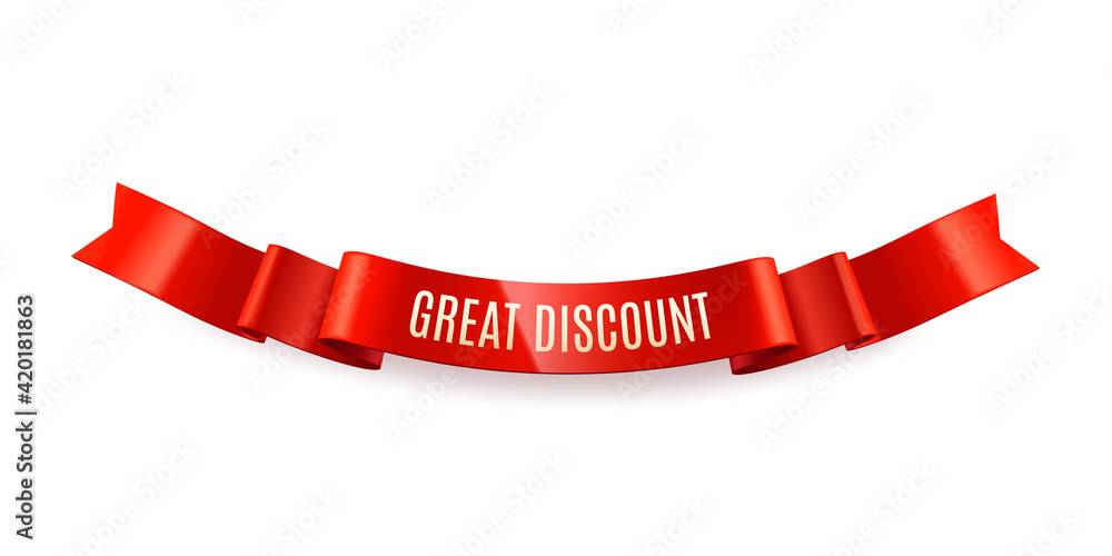 Realistic glossy curved red ribbon for your design project. Sale promotion red ribbon banner isolated on white Realistic glossy curved red ribbon for your design project. Sale promotion red ribbon banner isolated on white