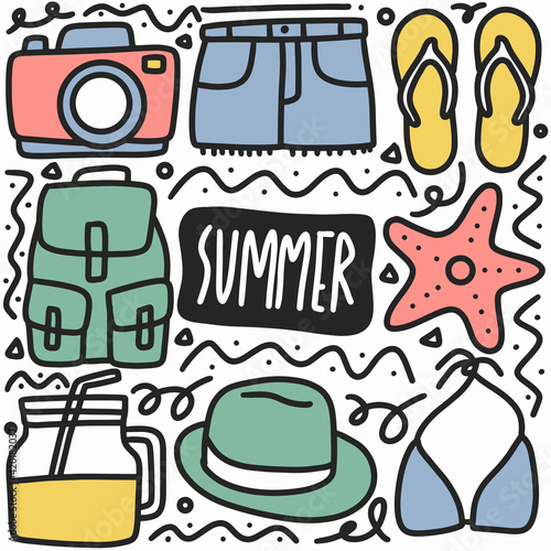 hand drawn summer holiday doodle set
