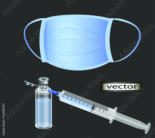 Vector illustration of a vaccine, a cure for coronavirus syringes,medical face mask equipment for hospital tool of medicine for the doctor