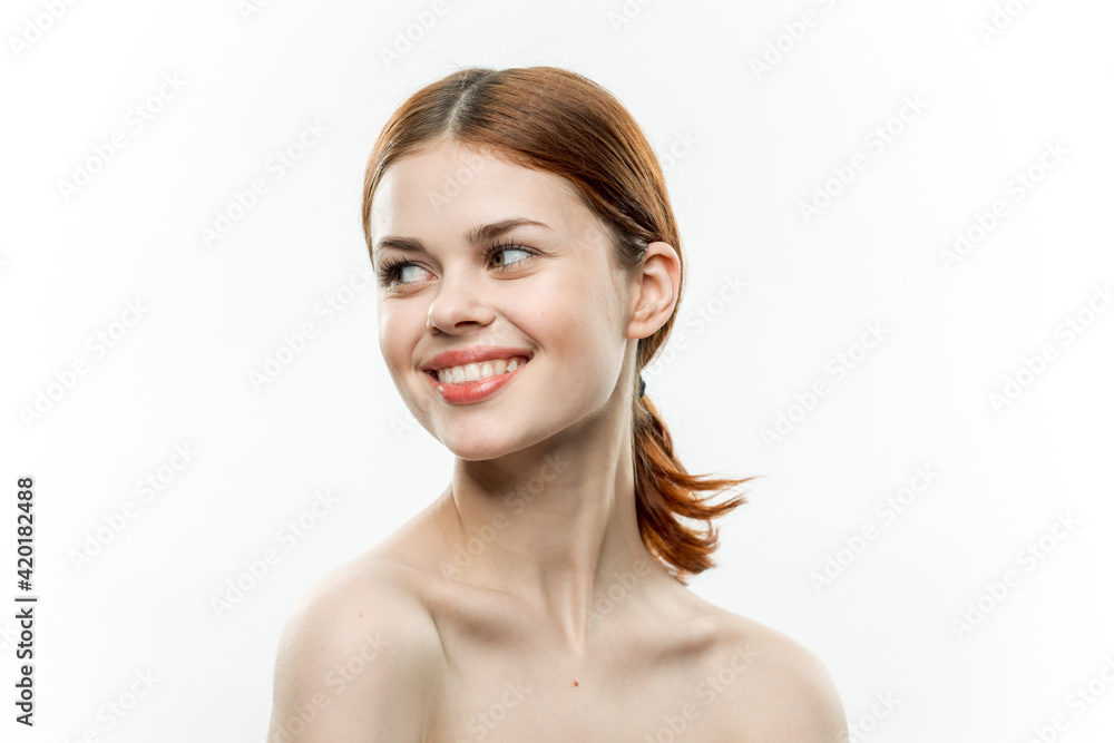woman bare shoulders gathered hair cosmetology charm smile woman bare shoulders gathered hair cosmetology charm smile