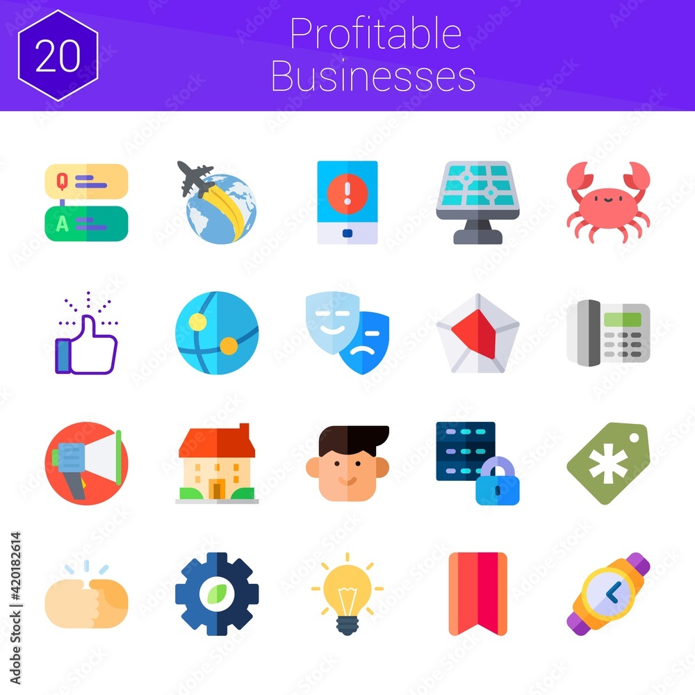 profitable businesses icon set. 20 flat icons on theme profitable businesses. collection of digital, megaphone, hand shake, question, like, idea, avatar, stadistics, house profitable businesses icon set. 20 flat icons on theme profitable businesses. collection of digital, megaphone, hand shake, question, like, idea, avatar, stadistics, house