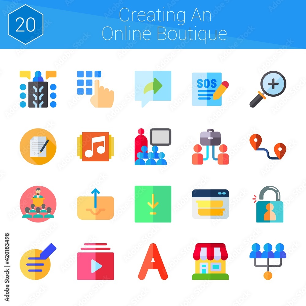 creating an online boutique icon set. 20 flat icons on theme creating an online boutique. collection of zoom in, shop, conference, contract, login, outbox, music player, download creating an online boutique icon set. 20 flat icons on theme creating an online boutique. collection of zoom in, shop, conference, contract, login, outbox, music player, download