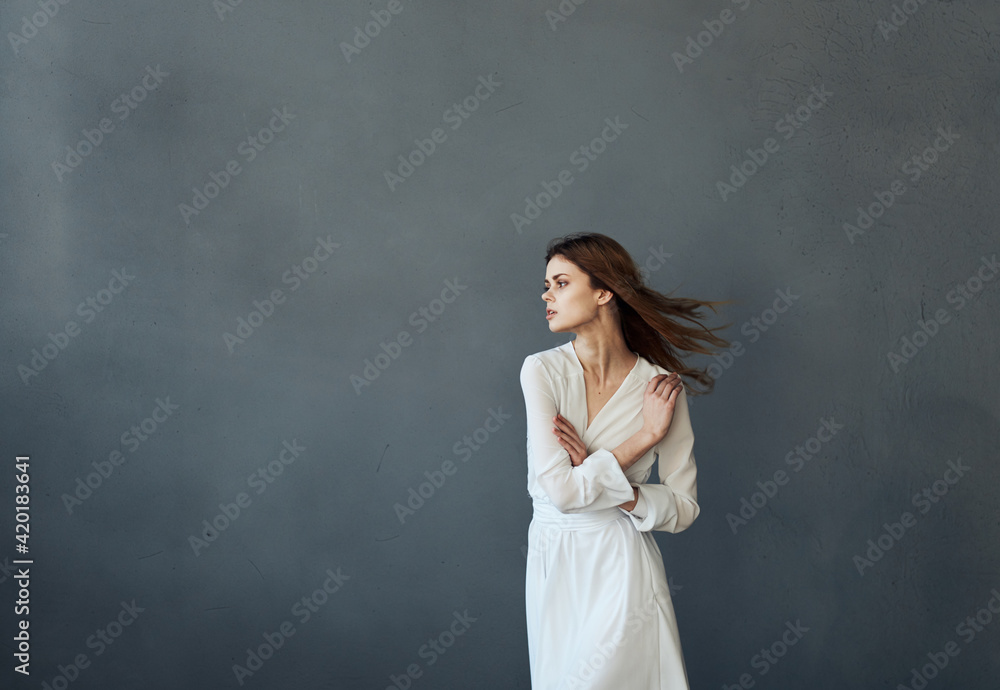 pretty woman and white dress glamor and luxury gray background model pretty woman and white dress glamor and luxury gray background model