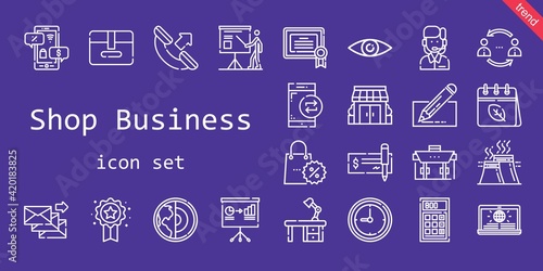 shop business icon set. line icon style. shop business related icons such as calendar, news, calculator, smartphone, package, edit, briefcase, stores, customer service, certificate