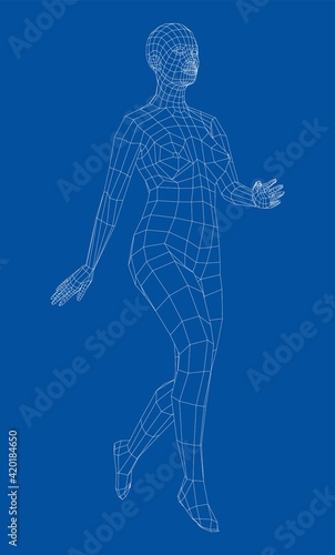 Wireframe walking woman. Vector