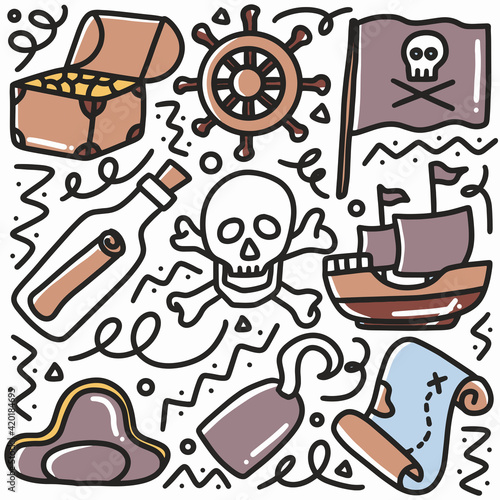 doodle set of pirate stuff hand drawing