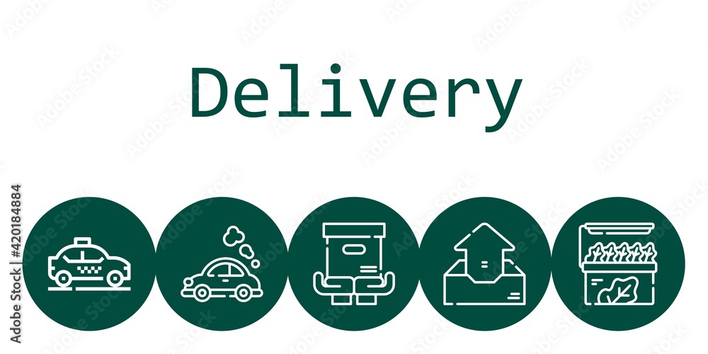 delivery background concept with delivery icons. Icons related package, taxi, store, outbox, vehicle