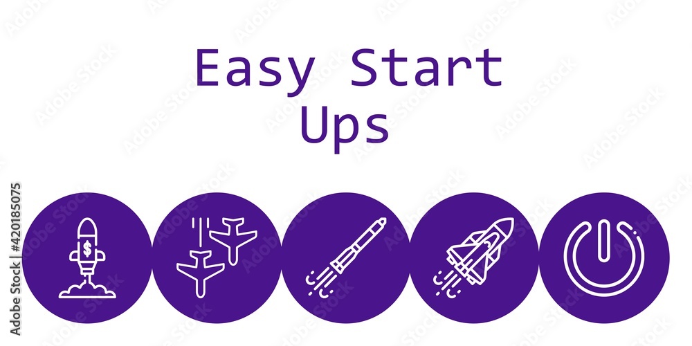 easy start ups background concept with easy start ups icons. Icons related plane, startup, power, rocket ship, space shuttle