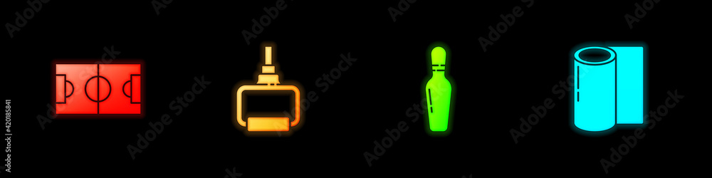 Set Football or soccer field, TPX loop training equipment, Bowling pin and Fitness mat roll icon. Vector Set Football or soccer field, TPX loop training equipment, Bowling pin and Fitness mat roll icon. Vector